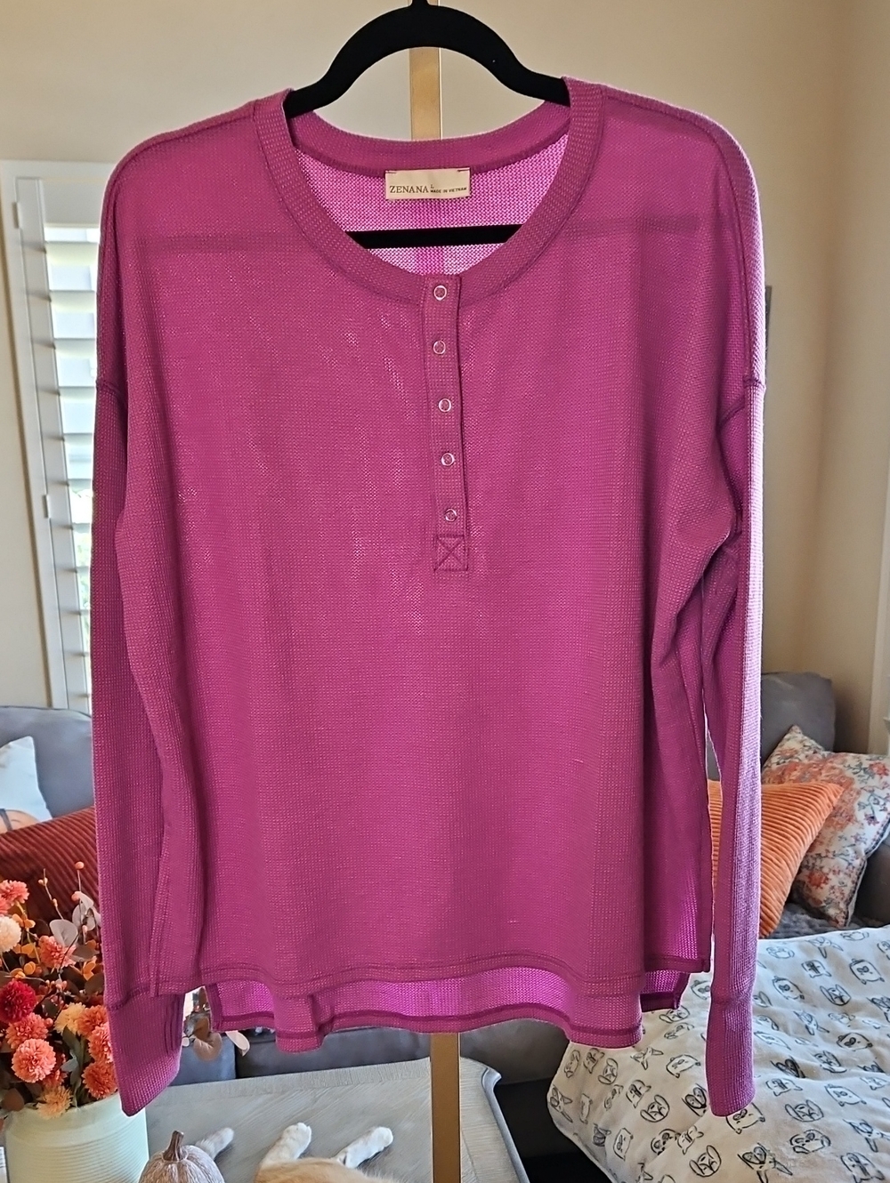 Zenana Outfitters Raspberry Long-Sleeve Henley Top